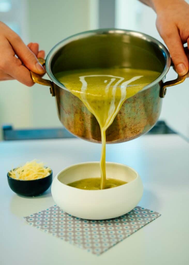 Person Pouring Soup on White Ceramic Bowl, potato soup