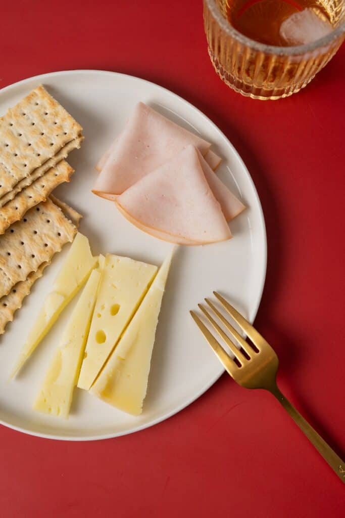 Ham and Cheese with Crackers on the Plate