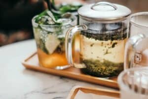 green tea in a glass jar